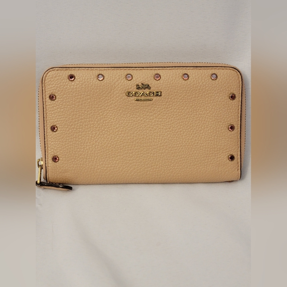 Coach Pebble Leather Zip Wallet With Pink Crystal Accents - Picture 3 of 9